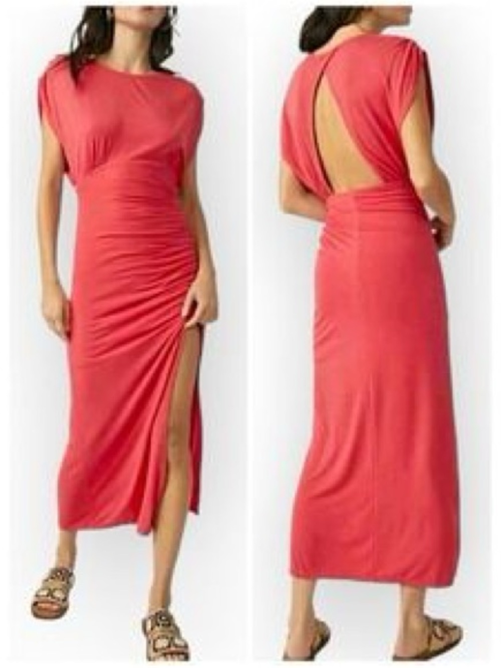 Free People Lakeside Midi Pink Coral Ruched Dress Bohemian Beach Resortwear XS